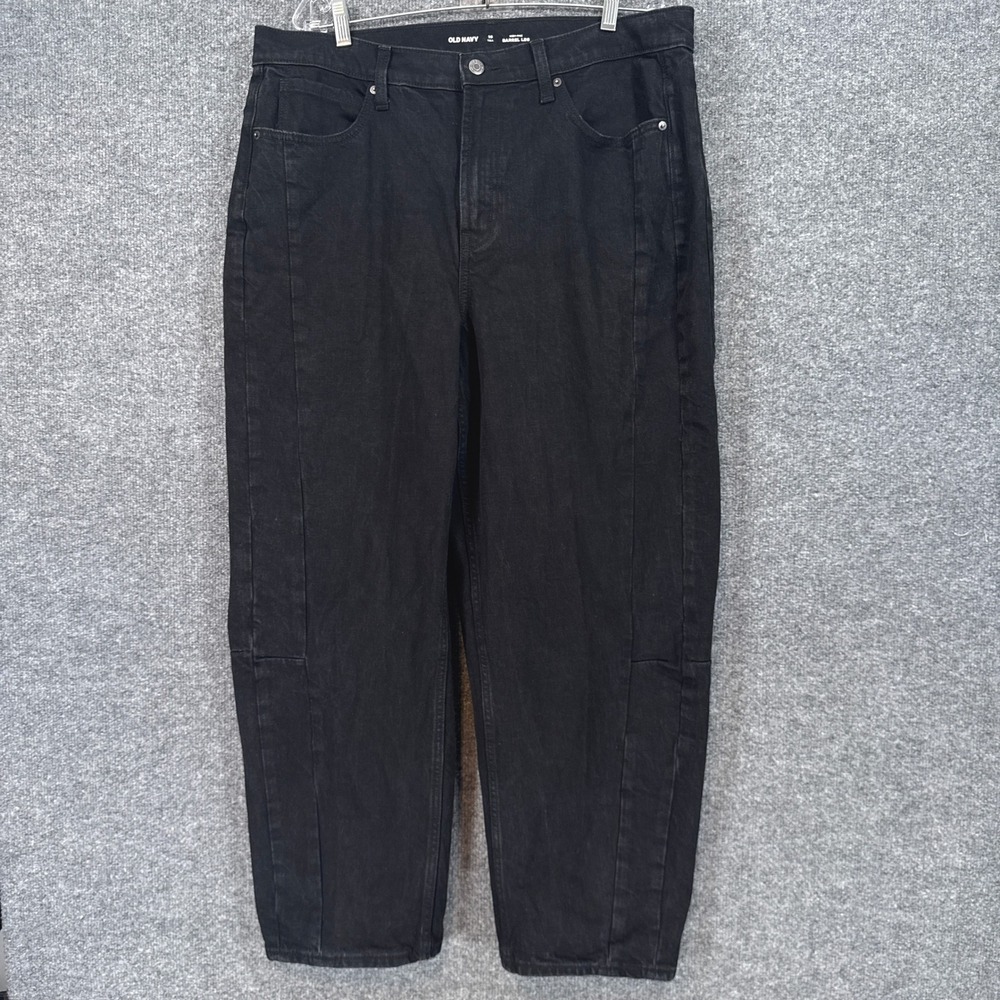 Old Navy Barrel Leg Jeans Womens 16 Tall Black High Rise Curved Tapered Denim
